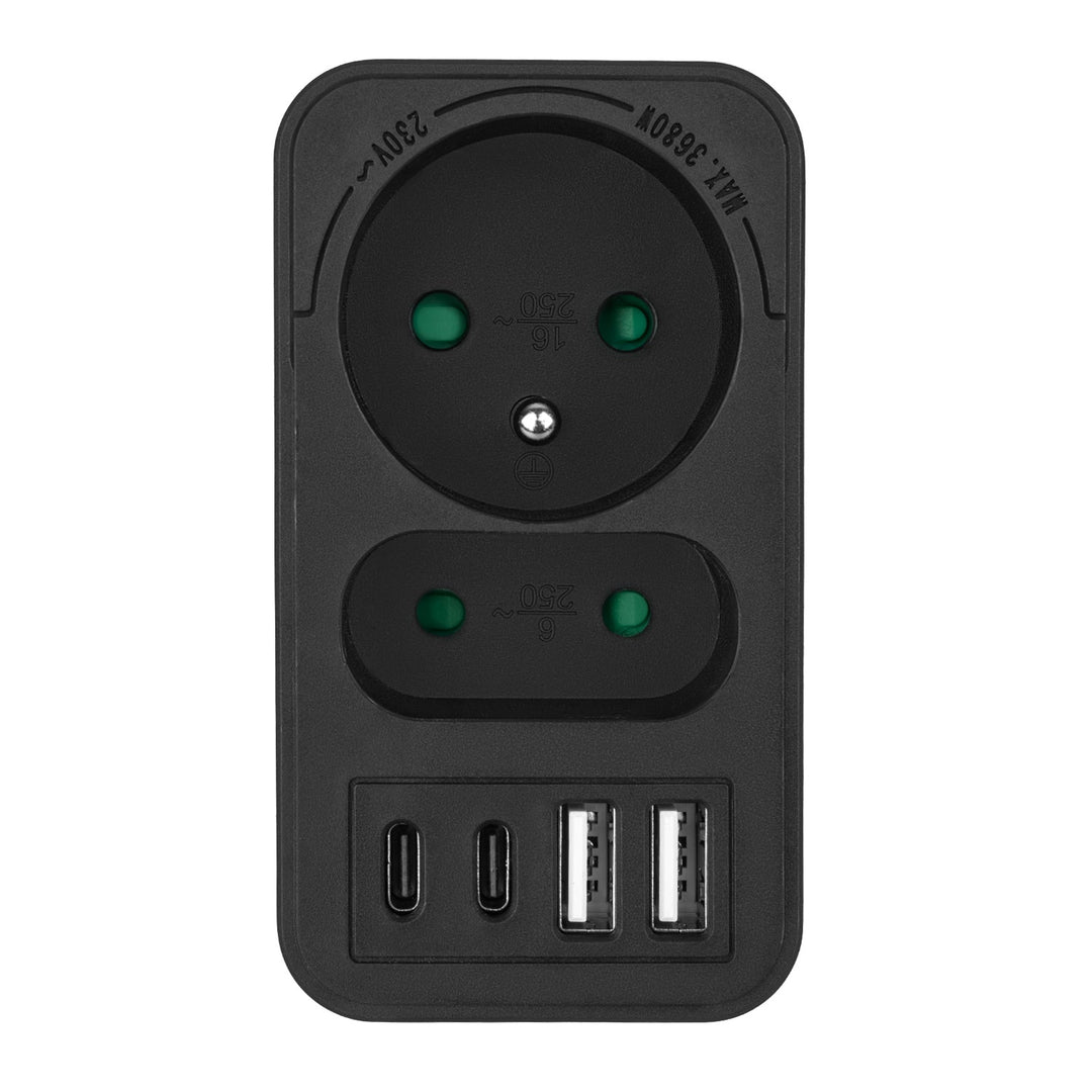 Maclean električna utičnica x2 + 4xUSB, razdjelnik s 2 utičnice, 2xUSB A, 2xUSB C PD 20W, 1x16A + 1x6A, MCE249 F/B