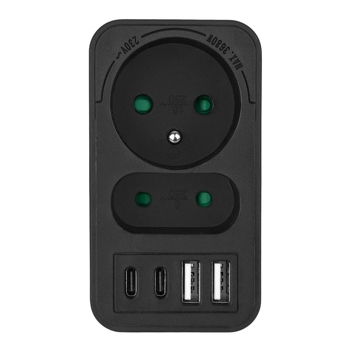 Maclean električna utičnica x2 + 4xUSB, razdjelnik s 2 utičnice, 2xUSB A, 2xUSB C PD 20W, 1x16A + 1x6A, MCE249 F/B