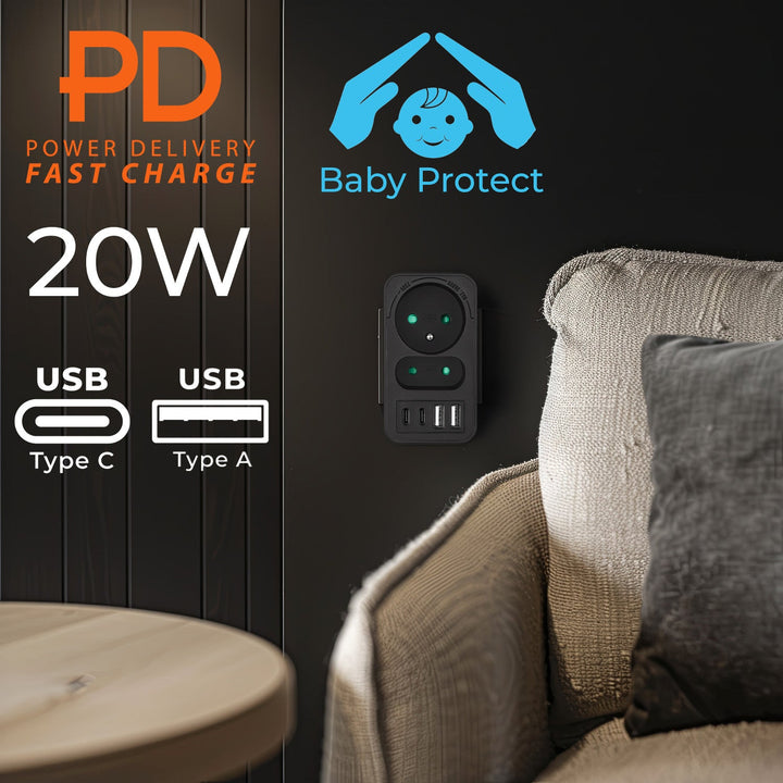 Maclean električna utičnica x2 + 4xUSB, razdjelnik s 2 utičnice, 2xUSB A, 2xUSB C PD 20W, 1x16A + 1x6A, MCE249 F/B