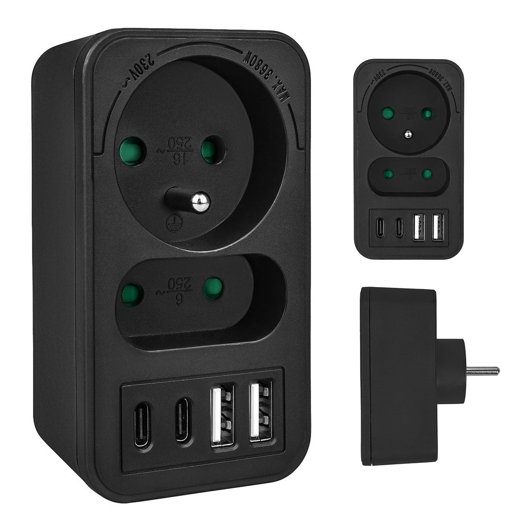 Maclean električna utičnica x2 + 4xUSB, razdjelnik s 2 utičnice, 2xUSB A, 2xUSB C PD 20W, 1x16A + 1x6A, MCE249 F/B