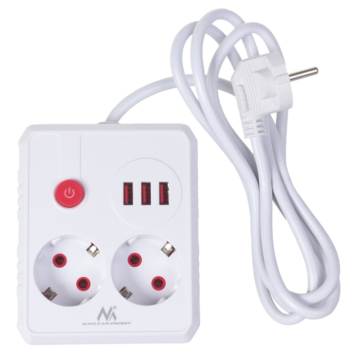 Maclean produžni kabel s 2 utičnice + 3xUSB, 110-240V AC 50/60Hz, 2.1A max 2500W, 1.5m, bijeli, MCE387 W