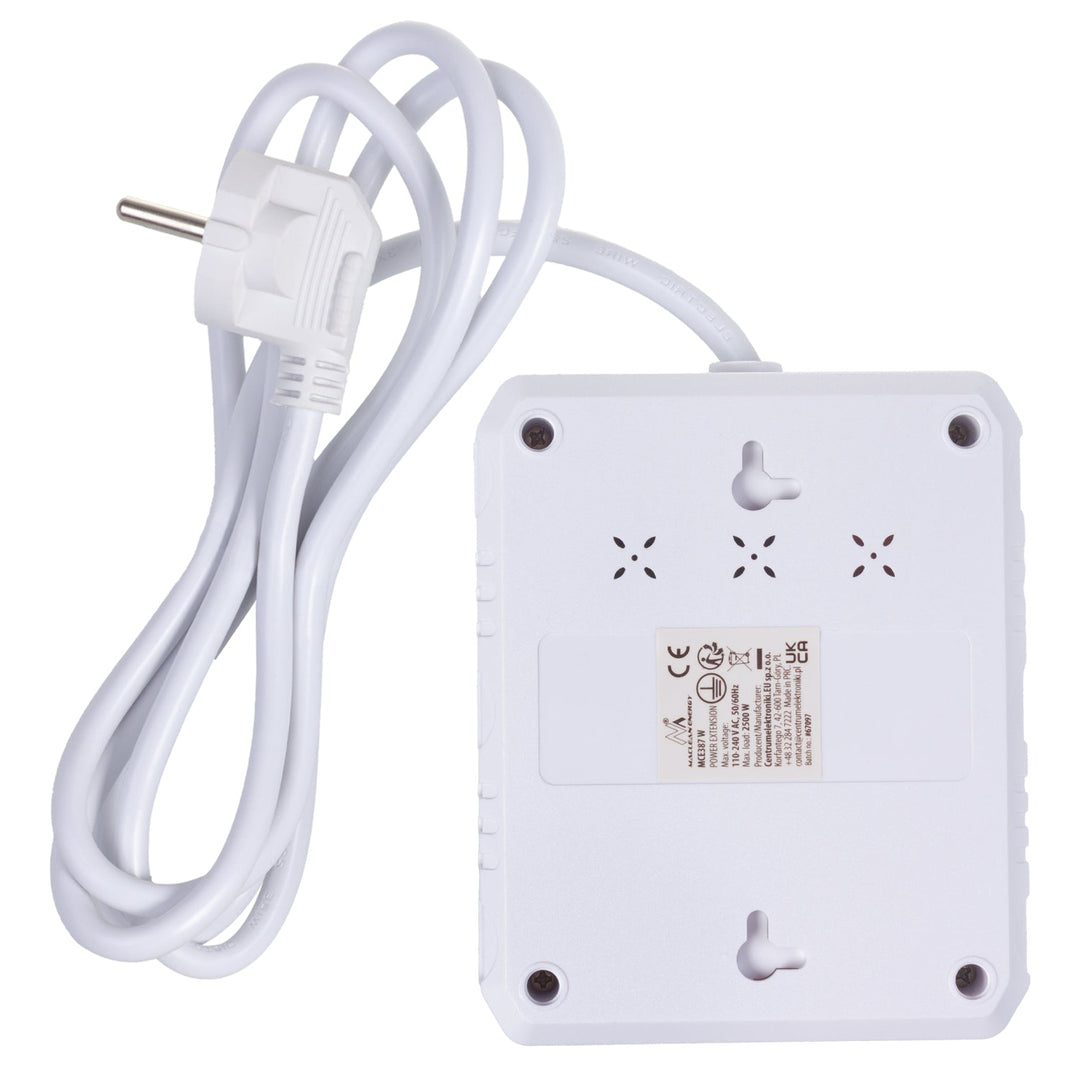 Maclean produžni kabel s 2 utičnice + 3xUSB, 110-240V AC 50/60Hz, 2.1A max 2500W, 1.5m, bijeli, MCE387 W