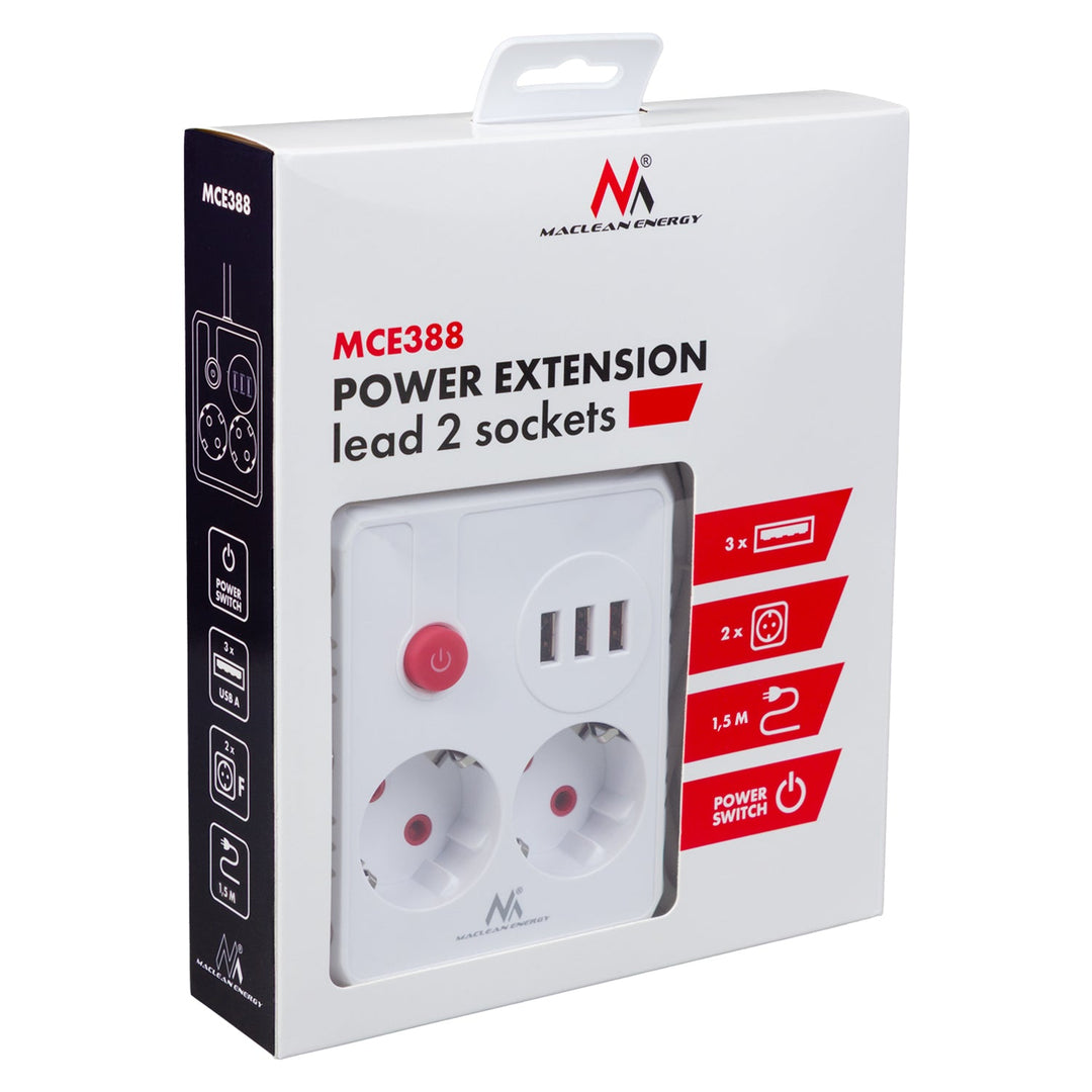 Maclean produžni kabel s 2 utičnice + 3xUSB, 110-240V AC 50/60Hz, 2.1A max 2500W, 1.5m, bijeli, MCE387 W