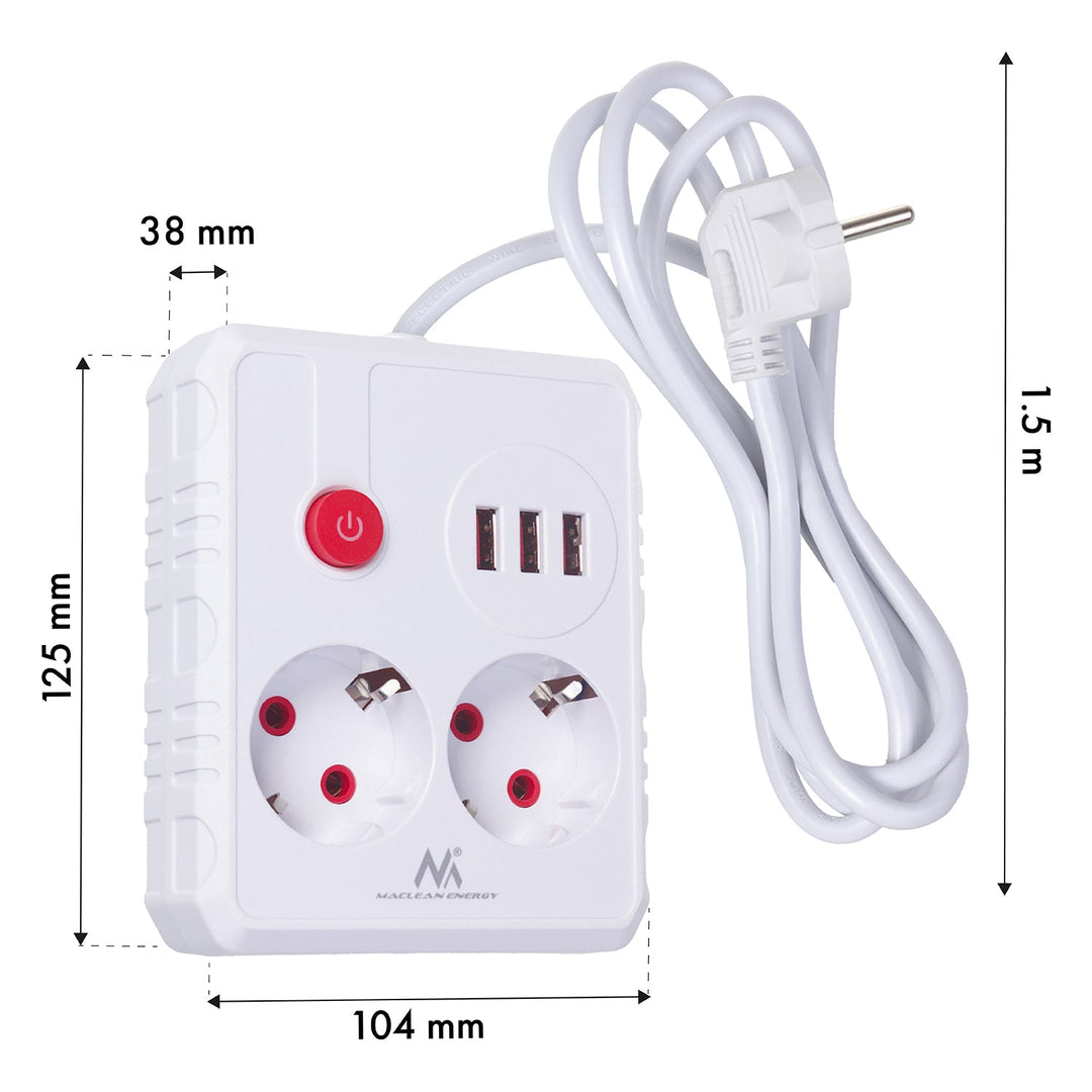 Maclean produžni kabel s 2 utičnice + 3xUSB, 110-240V AC 50/60Hz, 2.1A max 2500W, 1.5m, bijeli, MCE387 W