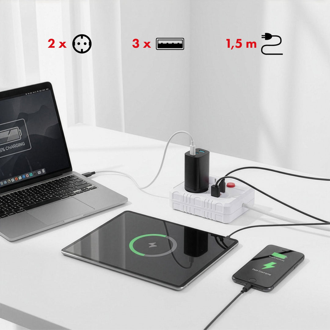 Maclean produžni kabel s 2 utičnice + 3xUSB, 110-240V AC 50/60Hz, 2.1A max 2500W, 1.5m, bijeli, MCE387 W