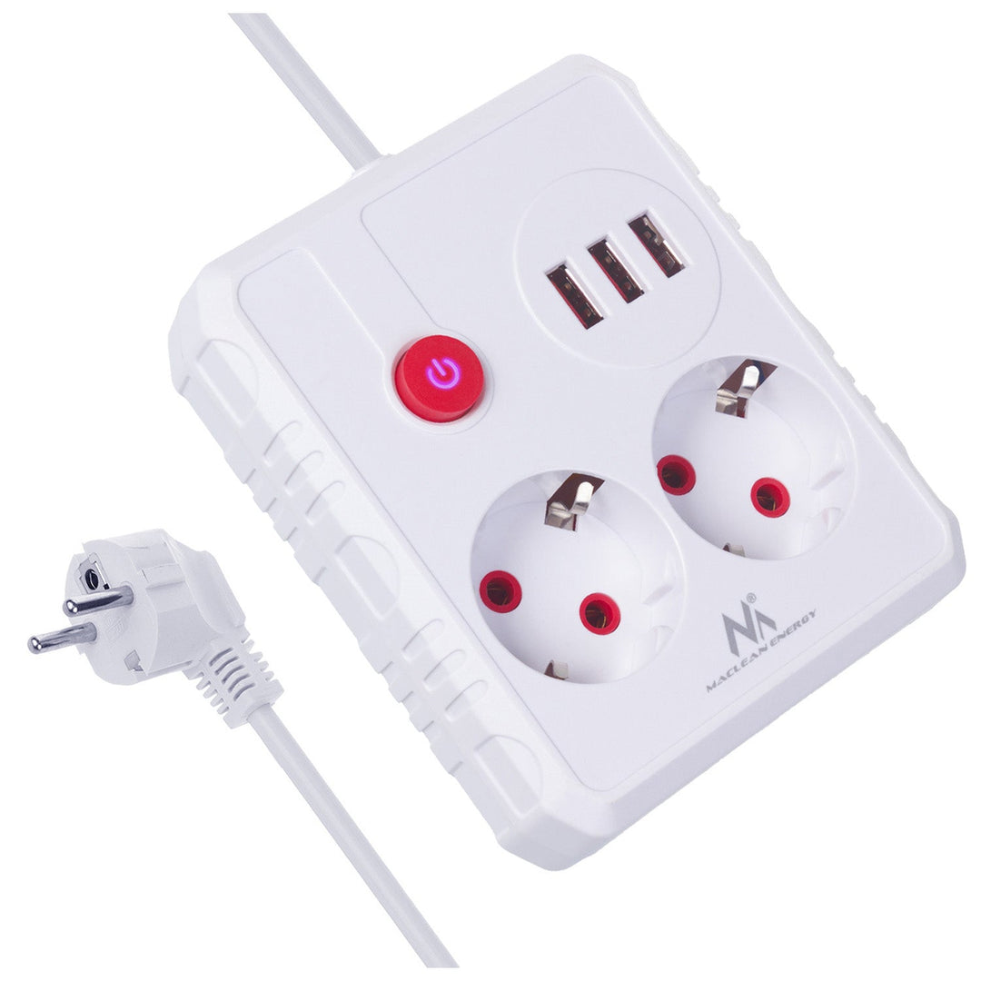 Maclean produžni kabel s 2 utičnice + 3xUSB, 110-240V AC 50/60Hz, 2.1A max 2500W, 1.5m, bijeli, MCE387 W