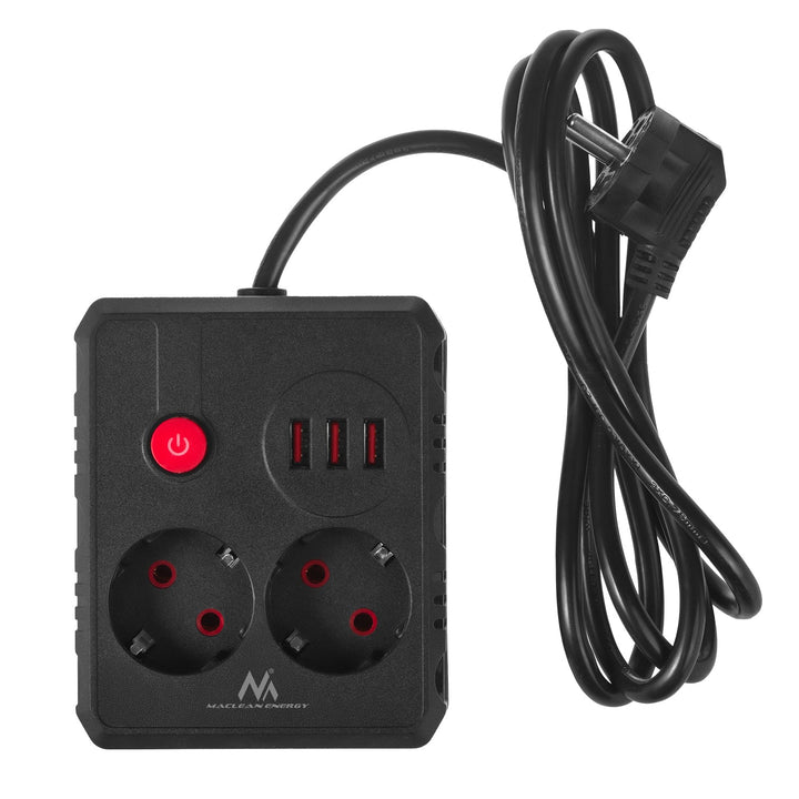 Maclean produžni kabel s 2 utičnice + 3xUSB, 110-240V AC 50/60Hz, 2.1A max 2500W, 1.5m, crni, MCE387 B