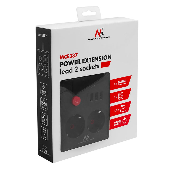 Maclean produžni kabel s 2 utičnice + 3xUSB, 110-240V AC 50/60Hz, 2.1A max 2500W, 1.5m, crni, MCE387 B