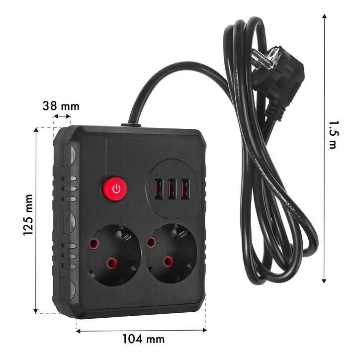 Maclean produžni kabel s 2 utičnice + 3xUSB, 110-240V AC 50/60Hz, 2.1A max 2500W, 1.5m, crni, MCE387 B
