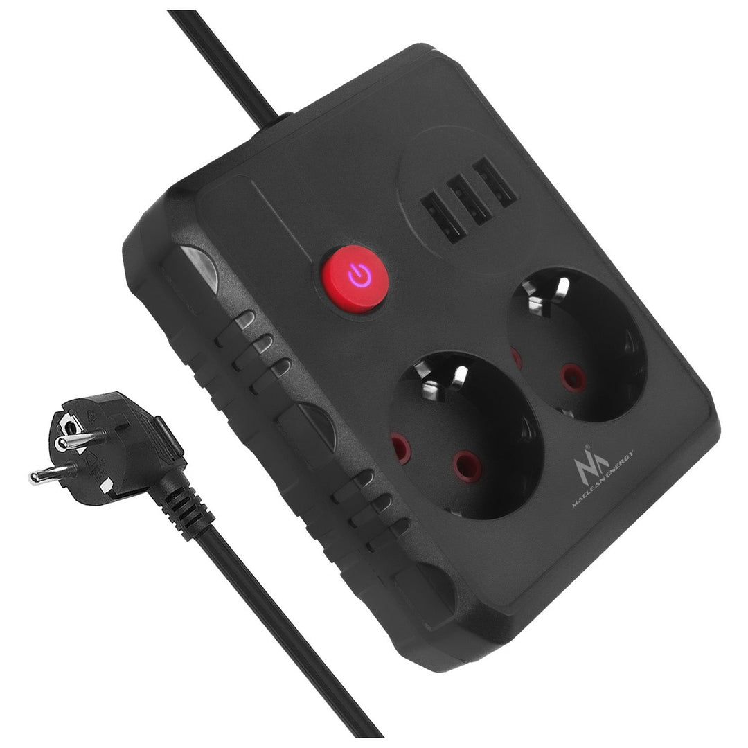 Maclean produžni kabel s 2 utičnice + 3xUSB, 110-240V AC 50/60Hz, 2.1A max 2500W, 1.5m, crni, MCE387 B