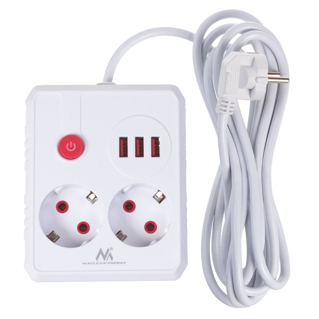 Maclean produžni kabel s 2 utičnice + 3xUSB, 110-240V AC 50/60Hz, 2.1A max 2500W, 3 m, bijeli, MCE388 W