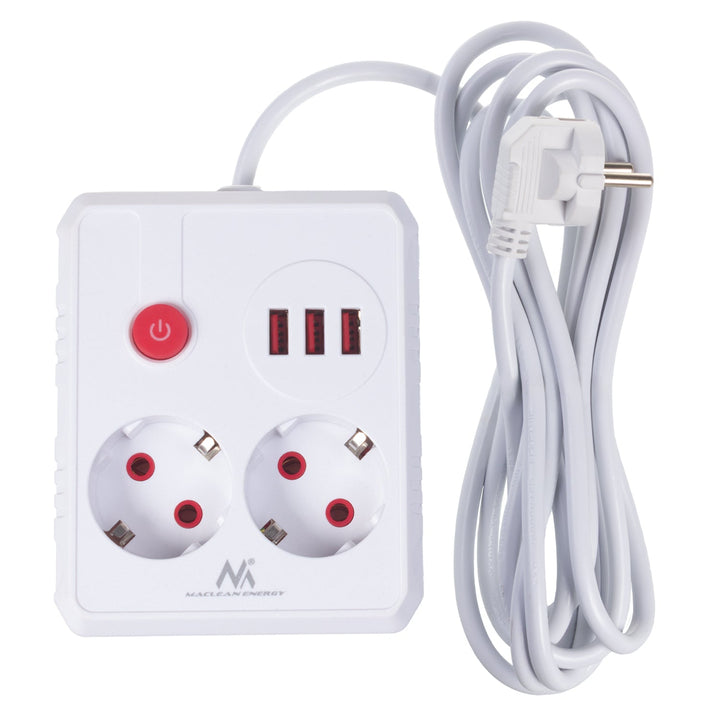 Maclean produžni kabel s 2 utičnice + 3xUSB, 110-240V AC 50/60Hz, 2.1A max 2500W, 3 m, bijeli, MCE388 W