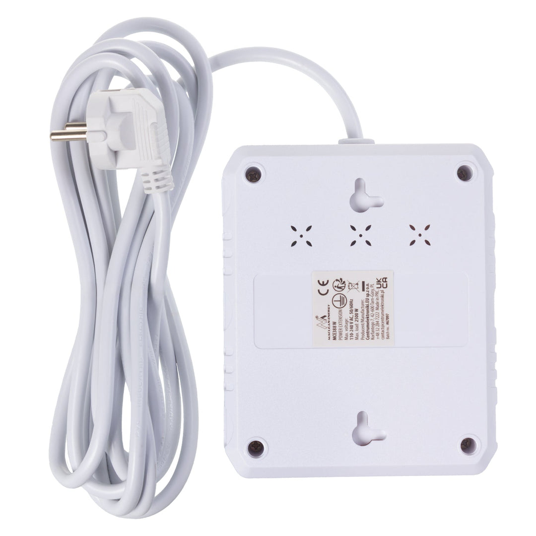 Maclean produžni kabel s 2 utičnice + 3xUSB, 110-240V AC 50/60Hz, 2.1A max 2500W, 3 m, bijeli, MCE388 W