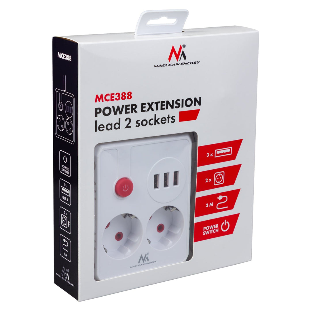 Maclean produžni kabel s 2 utičnice + 3xUSB, 110-240V AC 50/60Hz, 2.1A max 2500W, 3 m, bijeli, MCE388 W