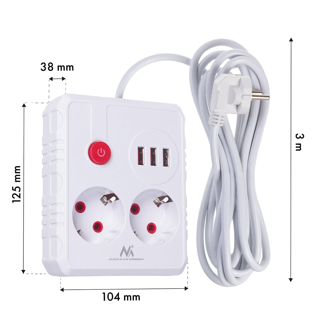 Maclean produžni kabel s 2 utičnice + 3xUSB, 110-240V AC 50/60Hz, 2.1A max 2500W, 3 m, bijeli, MCE388 W