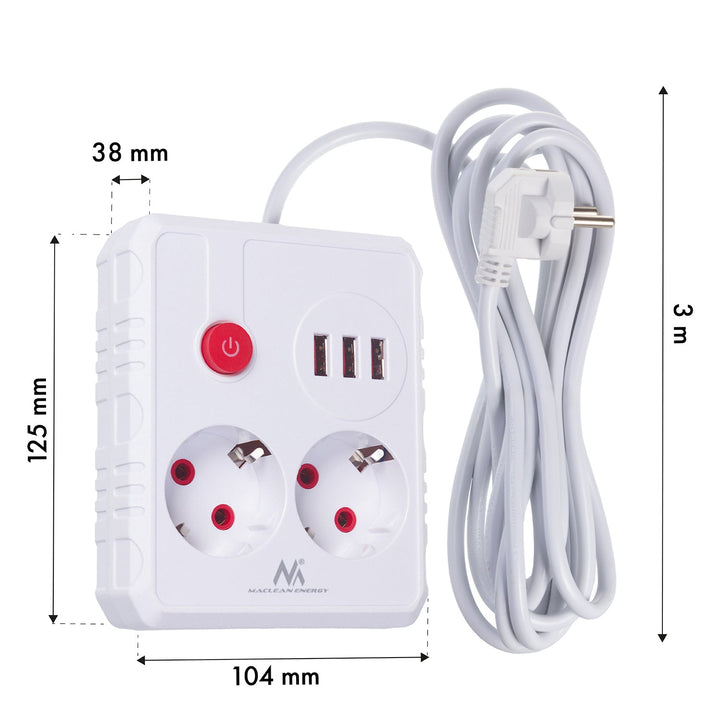 Maclean produžni kabel s 2 utičnice + 3xUSB, 110-240V AC 50/60Hz, 2.1A max 2500W, 3 m, bijeli, MCE388 W