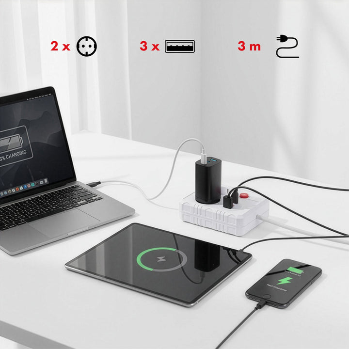 Maclean produžni kabel s 2 utičnice + 3xUSB, 110-240V AC 50/60Hz, 2.1A max 2500W, 3 m, bijeli, MCE388 W
