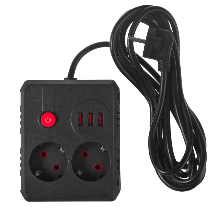 Maclean produžni kabel s 2 utičnice + 3xUSB, 110-240V AC 50/60Hz, 2.1A max 2500W, 3 m, crni, MCE388 B