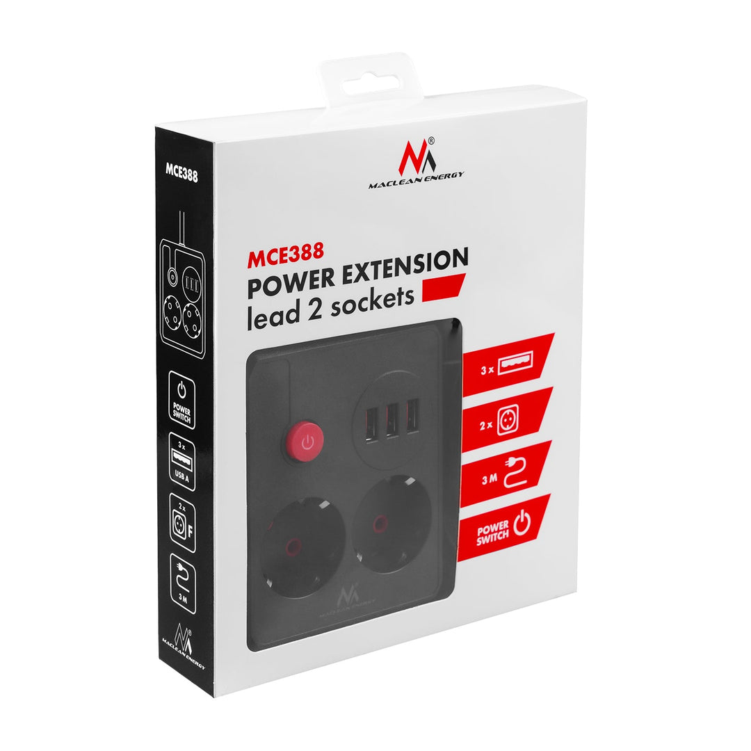 Maclean produžni kabel s 2 utičnice + 3xUSB, 110-240V AC 50/60Hz, 2.1A max 2500W, 3 m, crni, MCE388 B