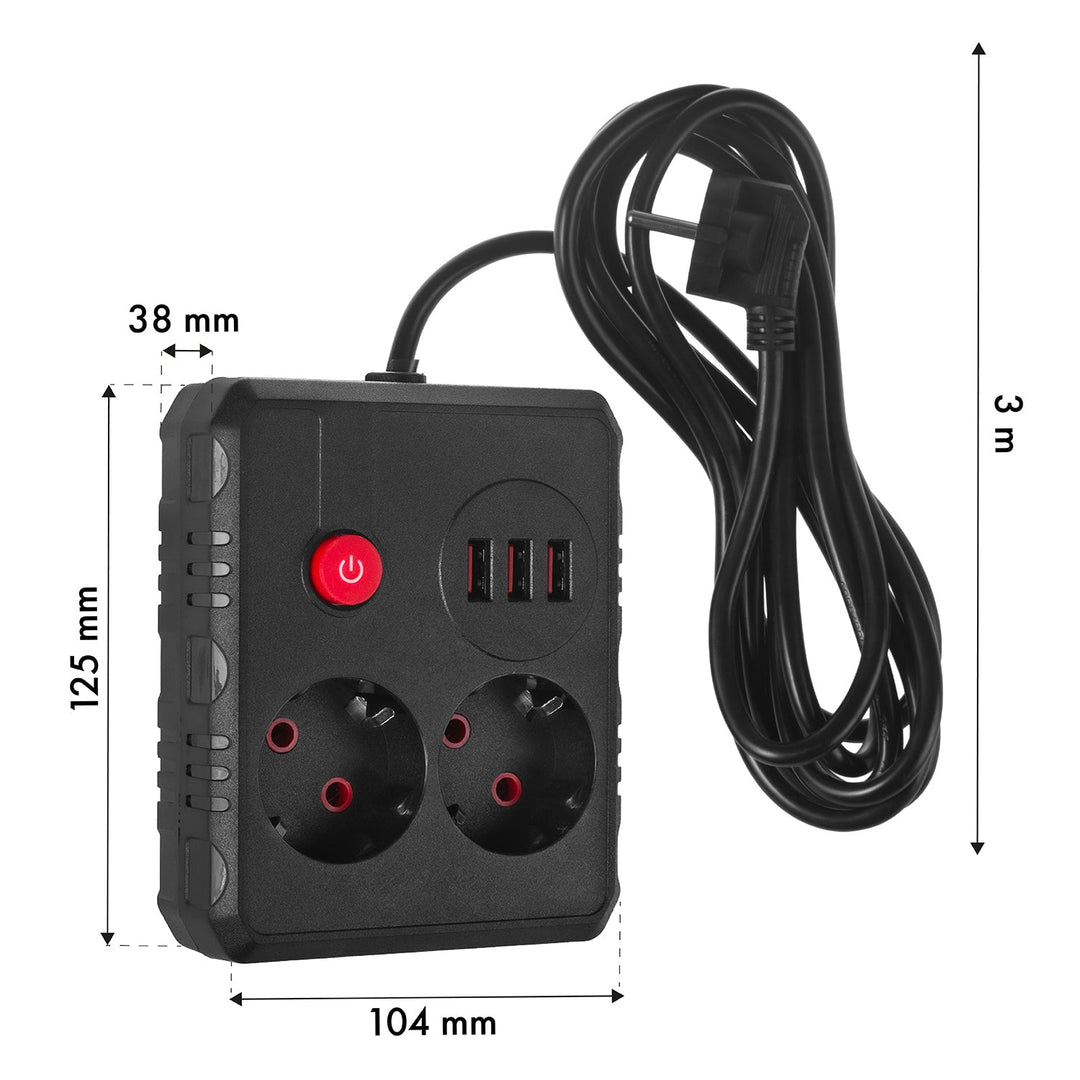 Maclean produžni kabel s 2 utičnice + 3xUSB, 110-240V AC 50/60Hz, 2.1A max 2500W, 3 m, crni, MCE388 B