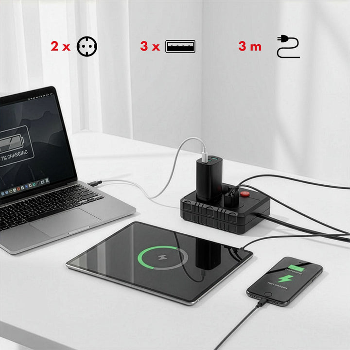 Maclean produžni kabel s 2 utičnice + 3xUSB, 110-240V AC 50/60Hz, 2.1A max 2500W, 3 m, crni, MCE388 B