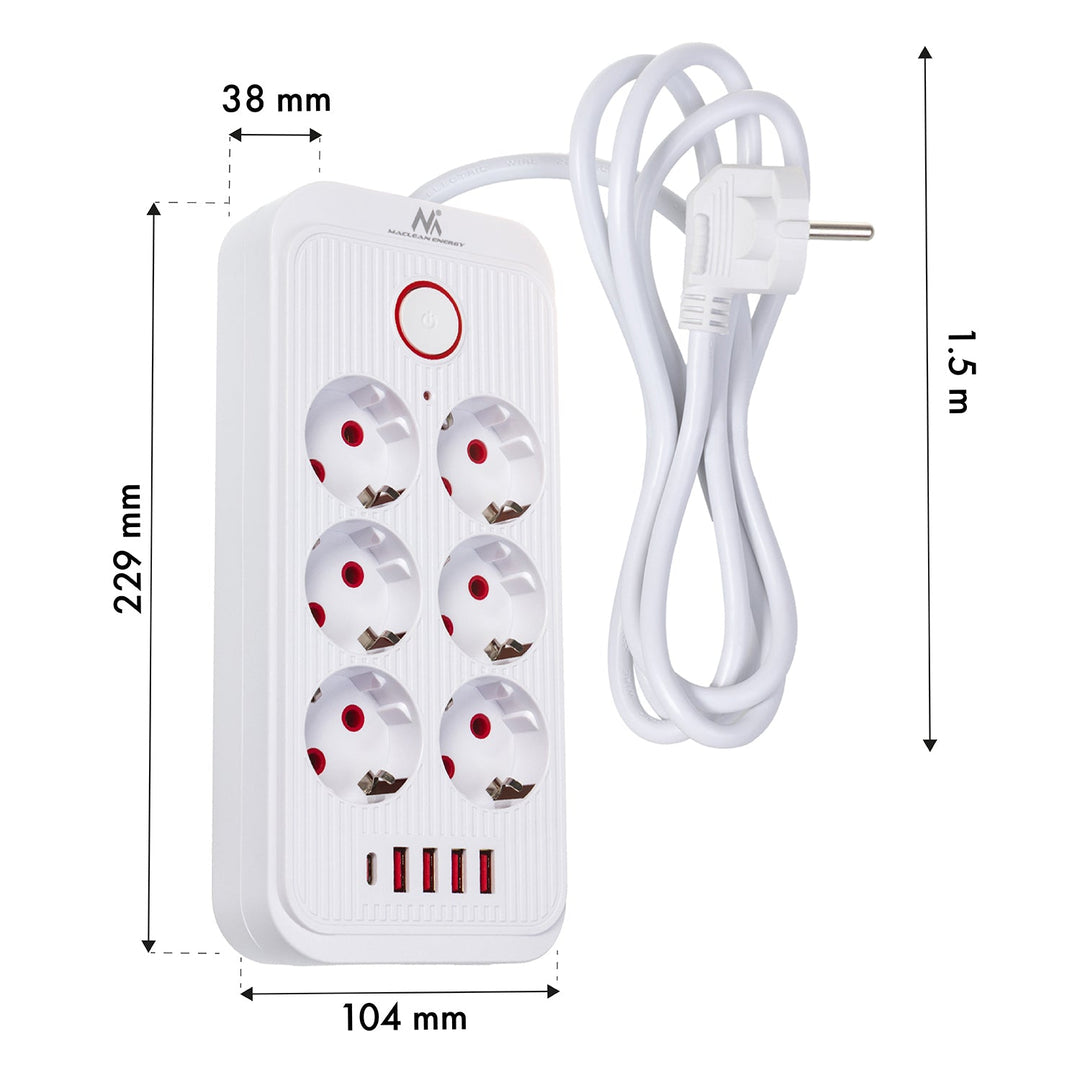 Maclean produžni kabel s 6 utičnica + 4 USB priključka, 110-240 V AC 50/60 Hz, 2,1 A max 2500 W, 1,5 m, bijeli, MCE389 W