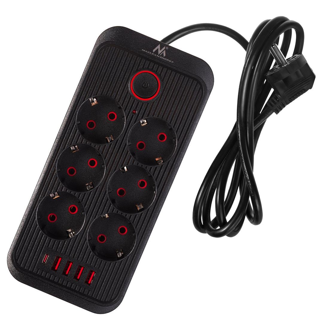 Maclean produžni kabel s 6 utičnica + 4 USB priključka, 110-240 V AC 50/60 Hz, 2,1 A max 2500 W, 1,5 m, crni, MCE389 B