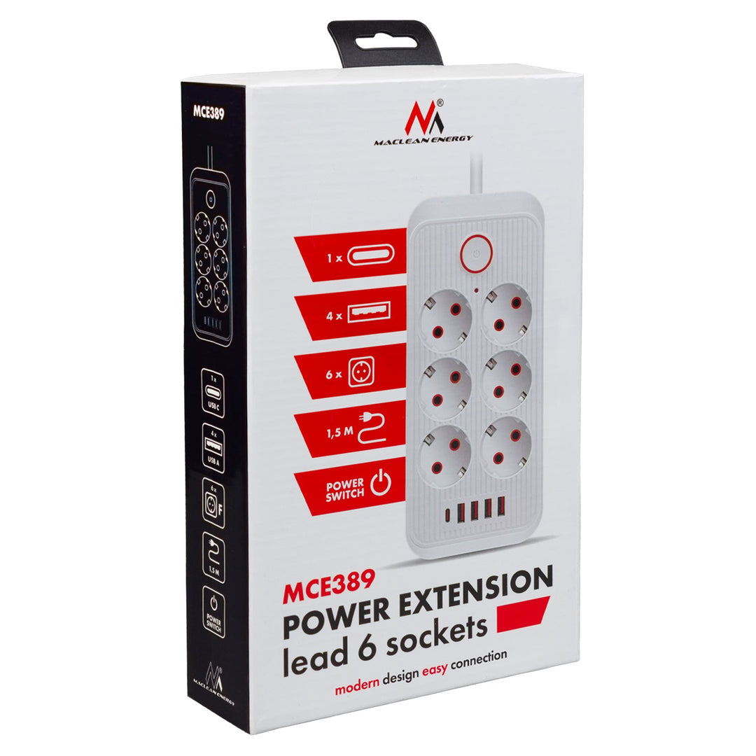 Maclean produžni kabel s 6 utičnica + 4 USB priključka, 110-240 V AC 50/60 Hz, 2,1 A max 2500 W, 1,5 m, crni, MCE389 B