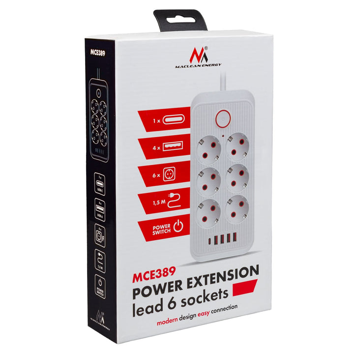Maclean produžni kabel s 6 utičnica + 4 USB priključka, 110-240 V AC 50/60 Hz, 2,1 A max 2500 W, 1,5 m, crni, MCE389 B