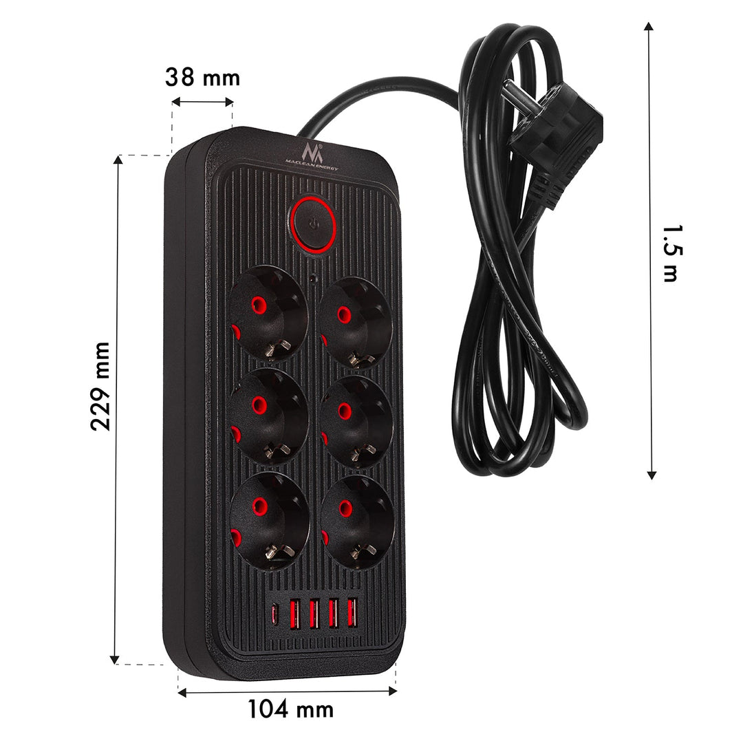 Maclean produžni kabel s 6 utičnica + 4 USB priključka, 110-240 V AC 50/60 Hz, 2,1 A max 2500 W, 1,5 m, crni, MCE389 B