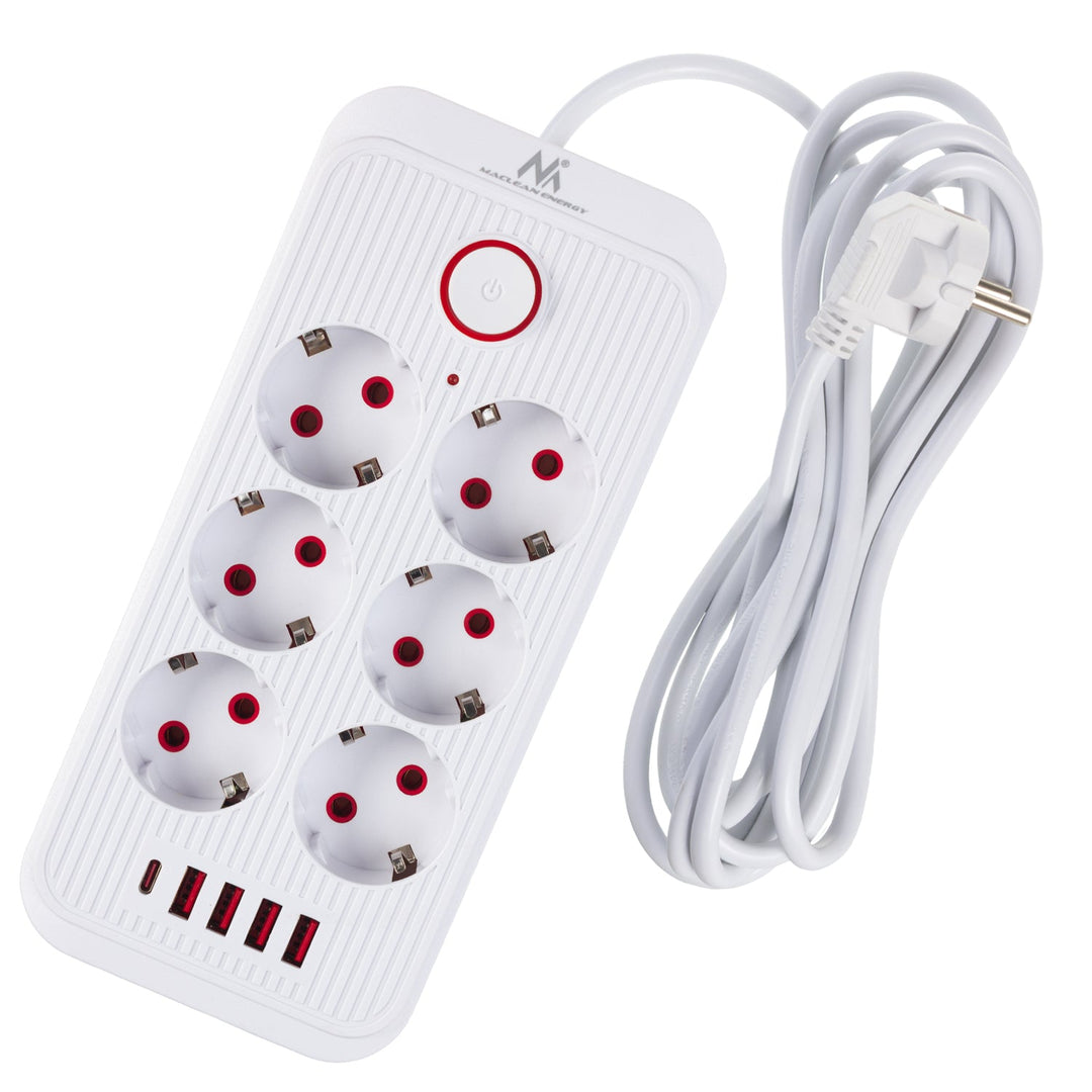 Maclean produžni kabel s 6 utičnica + 4xUSB, 110-240V AC 50/60Hz, 2.1A max 2500W, 3m, bijeli, MCE391 W
