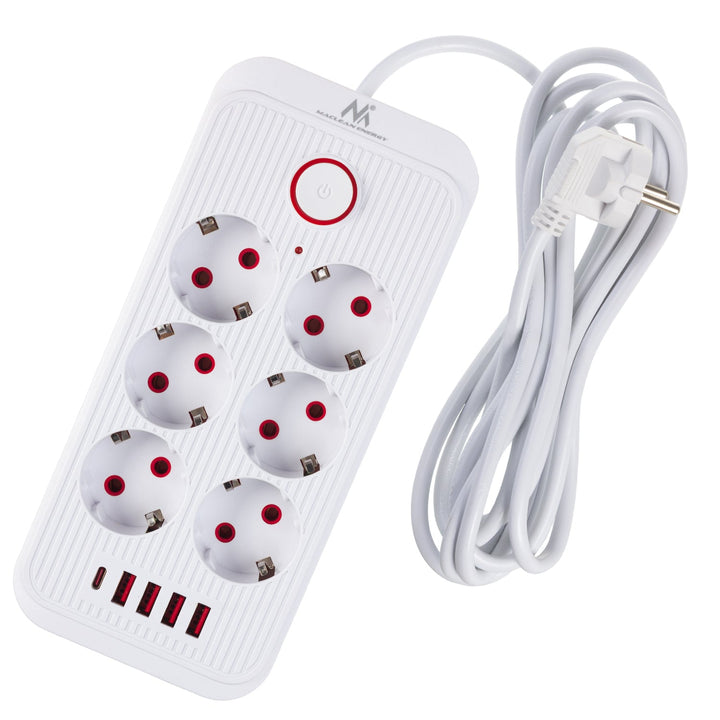 Maclean produžni kabel s 6 utičnica + 4xUSB, 110-240V AC 50/60Hz, 2.1A max 2500W, 3m, bijeli, MCE391 W