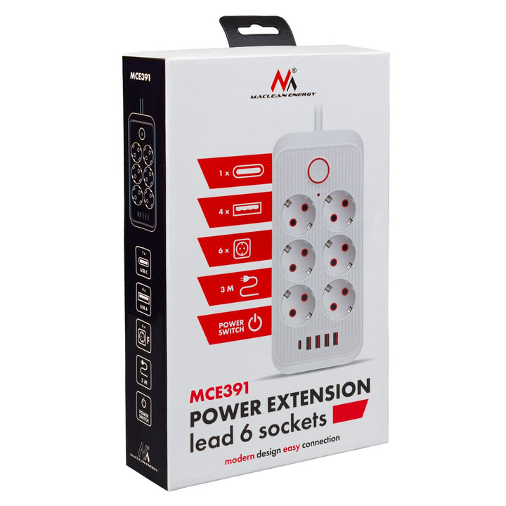 Maclean produžni kabel s 6 utičnica + 4xUSB, 110-240V AC 50/60Hz, 2.1A max 2500W, 3m, bijeli, MCE391 W
