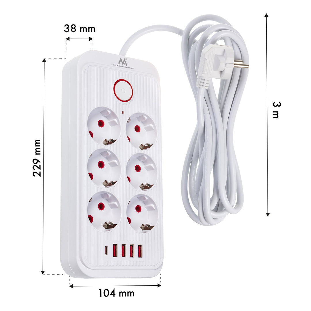 Maclean produžni kabel s 6 utičnica + 4xUSB, 110-240V AC 50/60Hz, 2.1A max 2500W, 3m, bijeli, MCE391 W