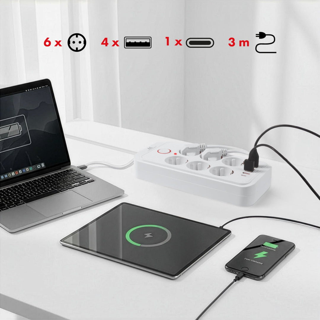Maclean produžni kabel s 6 utičnica + 4xUSB, 110-240V AC 50/60Hz, 2.1A max 2500W, 3m, bijeli, MCE391 W