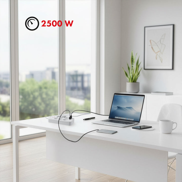 Maclean produžni kabel s 6 utičnica + 4xUSB, 110-240V AC 50/60Hz, 2.1A max 2500W, 3m, bijeli, MCE391 W