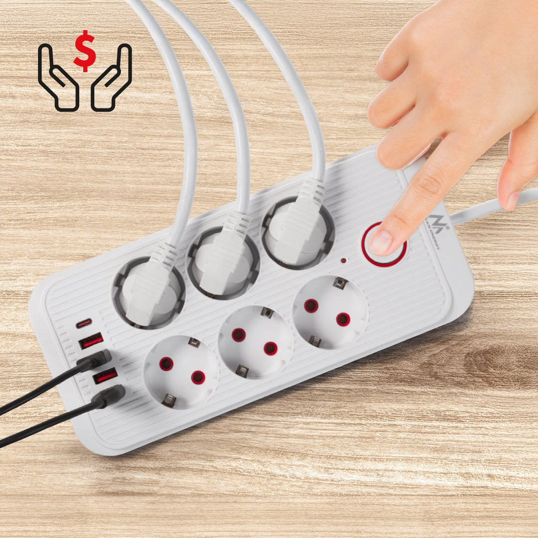 Maclean produžni kabel s 6 utičnica + 4xUSB, 110-240V AC 50/60Hz, 2.1A max 2500W, 3m, bijeli, MCE391 W