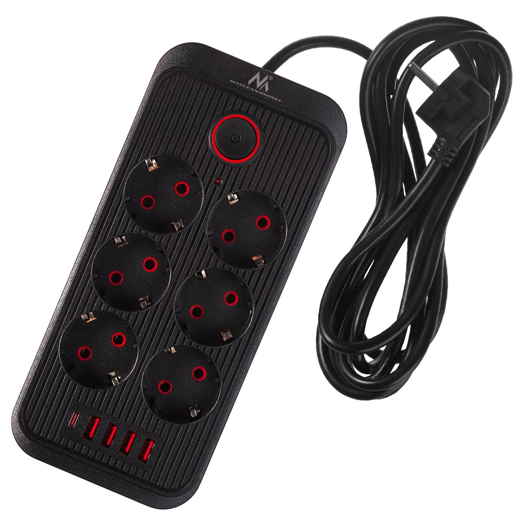 Maclean produžni kabel s 6 utičnica + 4 USB priključka, 110-240V AC 50/60Hz, 2,1A max 2500W, 3m, crni, MCE391 B