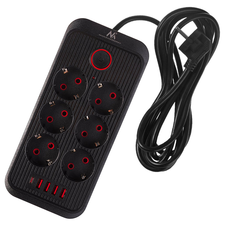 Maclean produžni kabel s 6 utičnica + 4 USB priključka, 110-240V AC 50/60Hz, 2,1A max 2500W, 3m, crni, MCE391 B