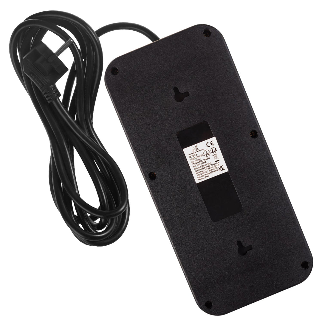 Maclean produžni kabel s 6 utičnica + 4 USB priključka, 110-240V AC 50/60Hz, 2,1A max 2500W, 3m, crni, MCE391 B