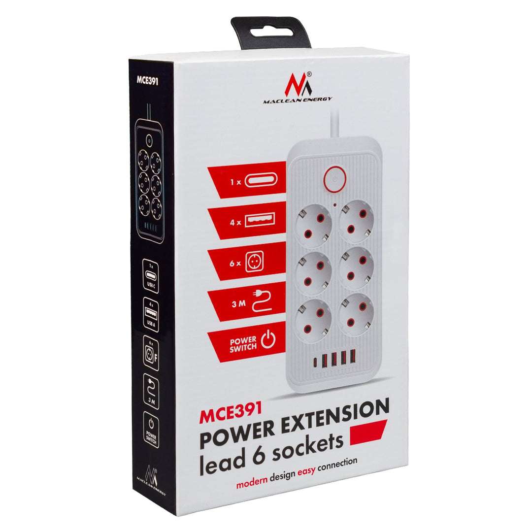 Maclean produžni kabel s 6 utičnica + 4 USB priključka, 110-240V AC 50/60Hz, 2,1A max 2500W, 3m, crni, MCE391 B