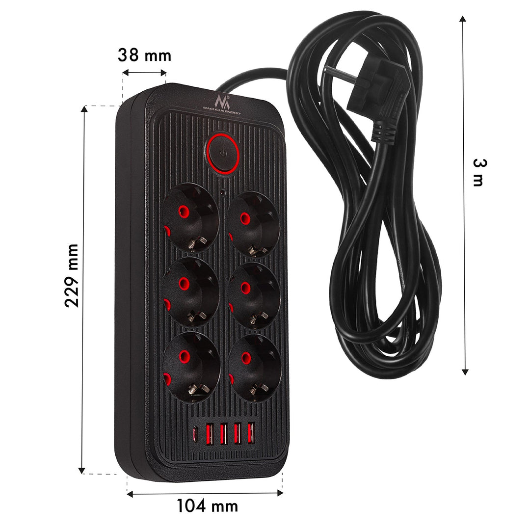 Maclean produžni kabel s 6 utičnica + 4 USB priključka, 110-240V AC 50/60Hz, 2,1A max 2500W, 3m, crni, MCE391 B