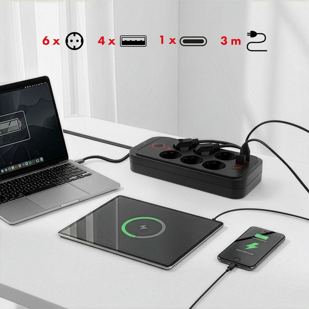 Maclean produžni kabel s 6 utičnica + 4 USB priključka, 110-240V AC 50/60Hz, 2,1A max 2500W, 3m, crni, MCE391 B
