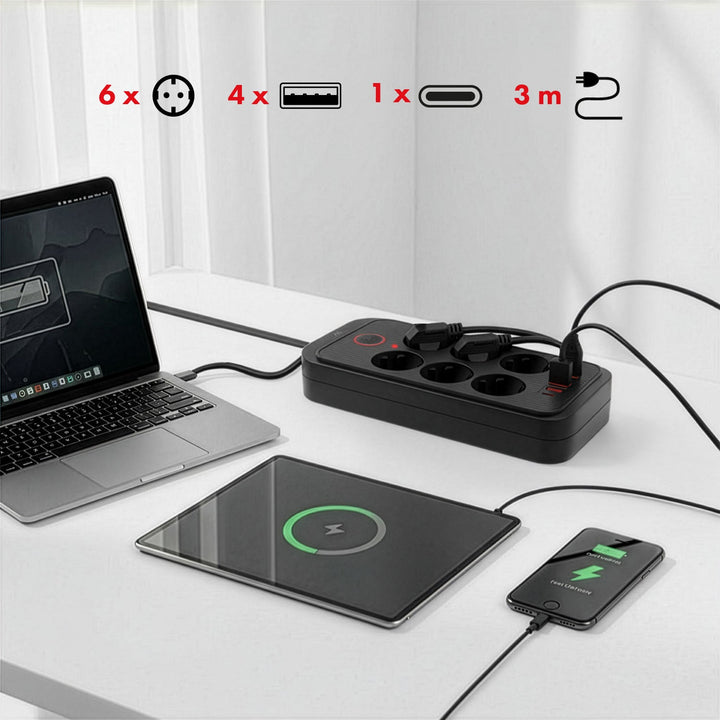 Maclean produžni kabel s 6 utičnica + 4 USB priključka, 110-240V AC 50/60Hz, 2,1A max 2500W, 3m, crni, MCE391 B