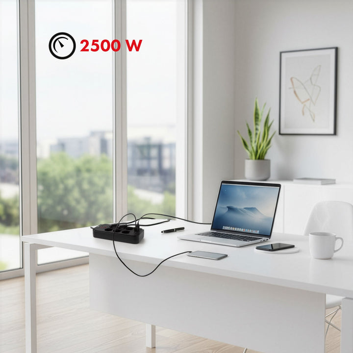 Maclean produžni kabel s 6 utičnica + 4 USB priključka, 110-240V AC 50/60Hz, 2,1A max 2500W, 3m, crni, MCE391 B