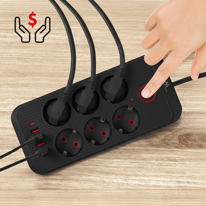 Maclean produžni kabel s 6 utičnica + 4 USB priključka, 110-240V AC 50/60Hz, 2,1A max 2500W, 3m, crni, MCE391 B