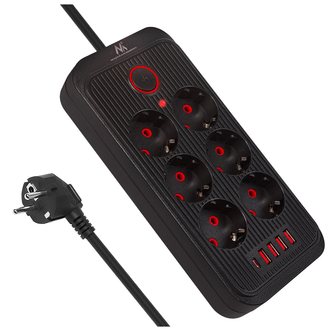 Maclean produžni kabel s 6 utičnica + 4 USB priključka, 110-240V AC 50/60Hz, 2,1A max 2500W, 3m, crni, MCE391 B