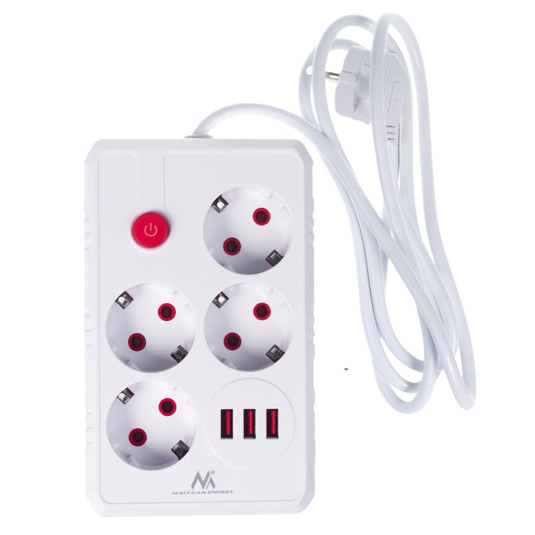Maclean produžni kabel s 4 utičnice + 3xUSB, 110-240V AC 50/60Hz, 2.1A max 2500W, 1.5m, bijeli, MCE392 W