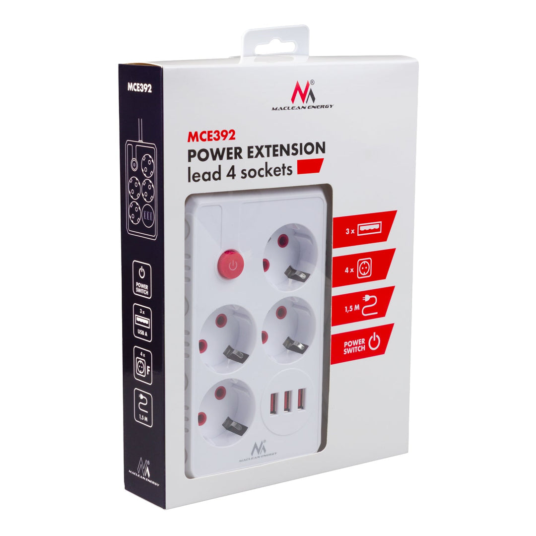 Maclean produžni kabel s 4 utičnice + 3xUSB, 110-240V AC 50/60Hz, 2.1A max 2500W, 1.5m, bijeli, MCE392 W