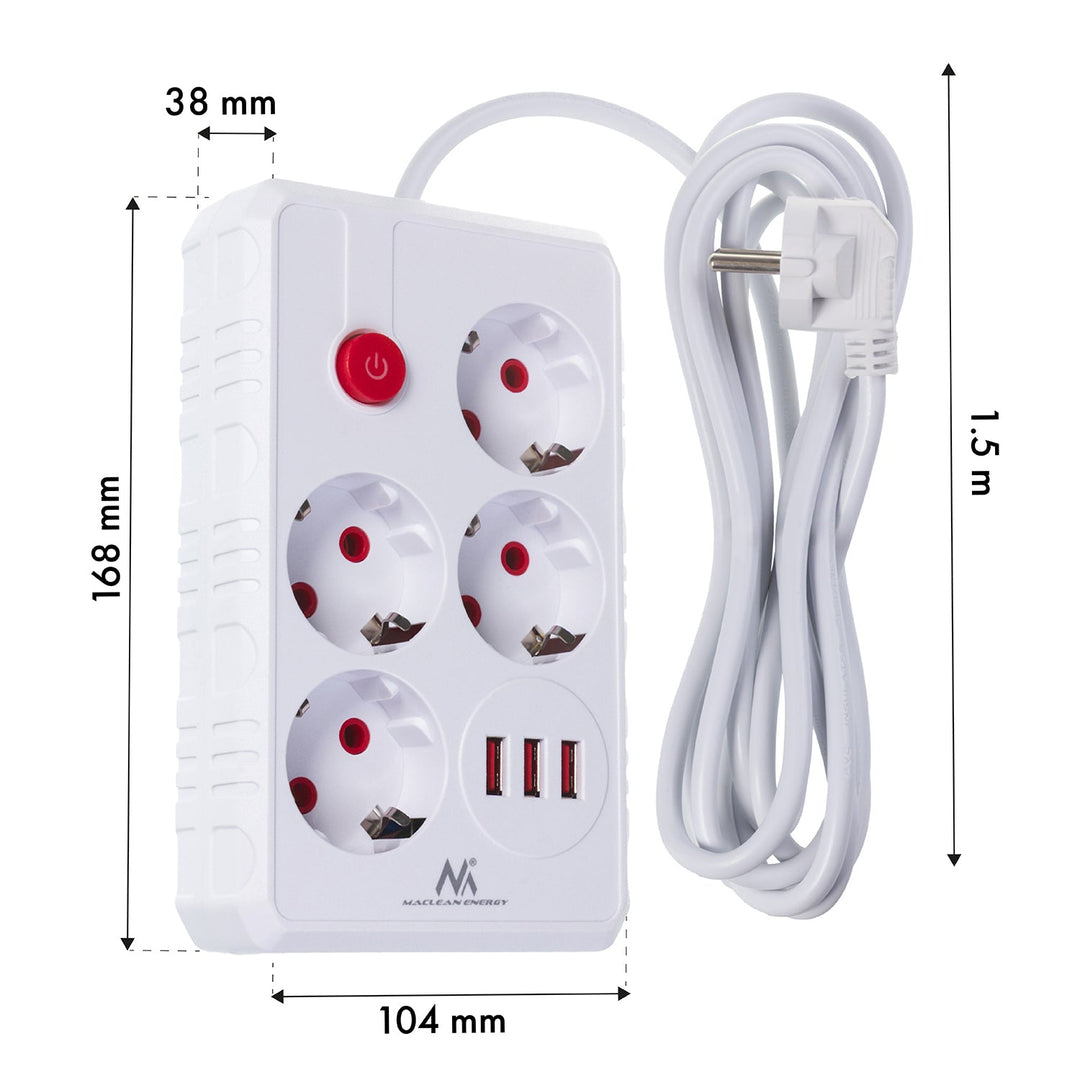 Maclean produžni kabel s 4 utičnice + 3xUSB, 110-240V AC 50/60Hz, 2.1A max 2500W, 1.5m, bijeli, MCE392 W